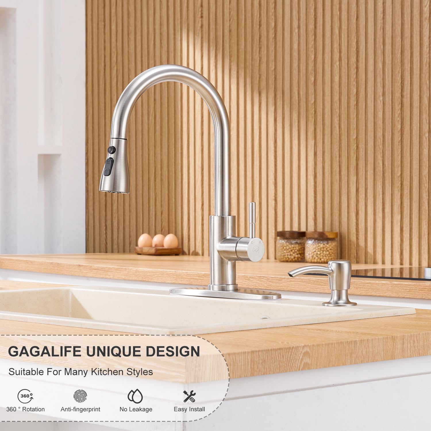 GAGALIFE Kitchen Sink Soap Dispenser with 17 OZ Large Bottle - Sink Soap Dispenser for Kitchen Sink, Refill from The Top (Brushed Nickel)