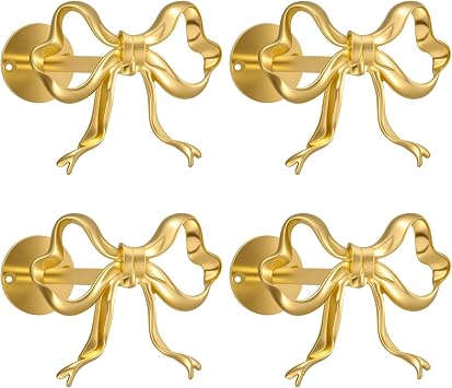 4Pcs Metal Bow Curtain Holdbacks,Curtain Tiebacks,Window Treatment Holdbacks,Wall Mounted Curtain Tieback Hooks,Bow Curtain Holders,Modern Curtain Pull Backs for Living Room Bedroom Office Home,Golden