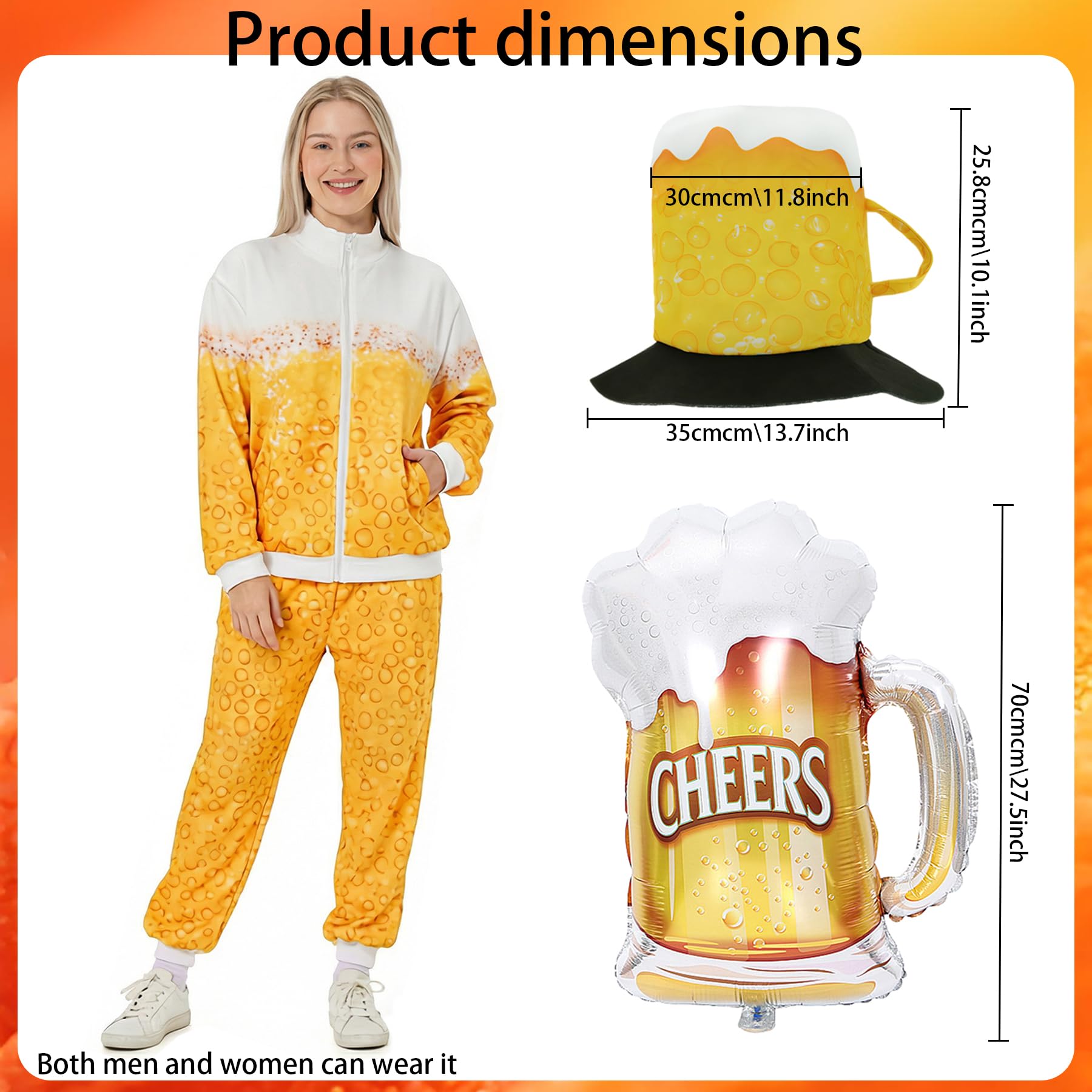 YeahBoom Bier Trainingsanzug Kostüm,Bierkostüm Herren und Damen,Faschingskostüm mit Jacke,Hose,Brille,Halskette,Ballon,80er 90er Jahre Kostüm für Bierfest Karneval Party