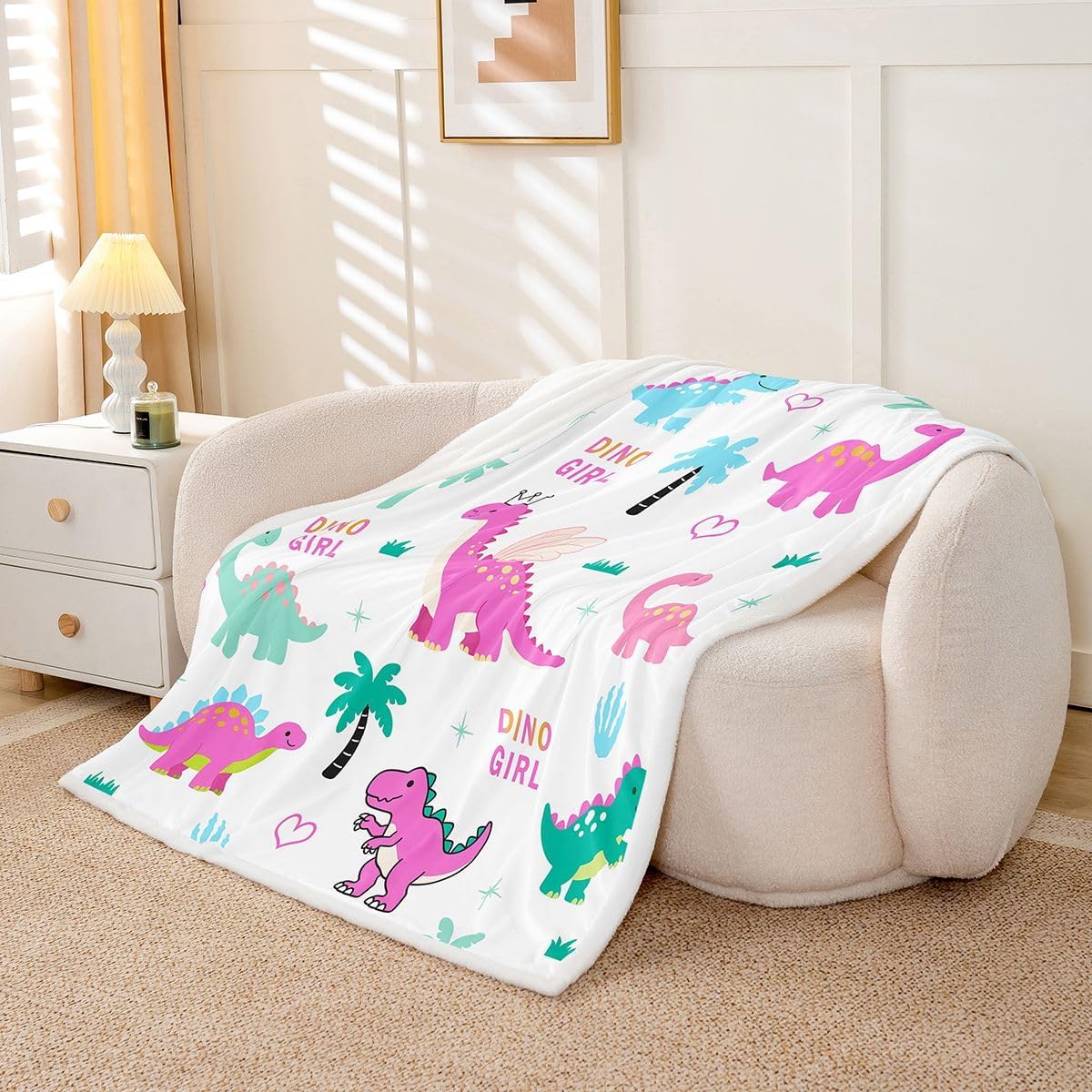 Erosebridal Dino Girl Fleece Blanket Queen 90"x90" Cartoon Dinosaur Warm Plush Sherpa Blanket Kawaii Wildlife Dinos Fuzzy Plush Throw Cute Palm Tree Love Pattern Room Decor
