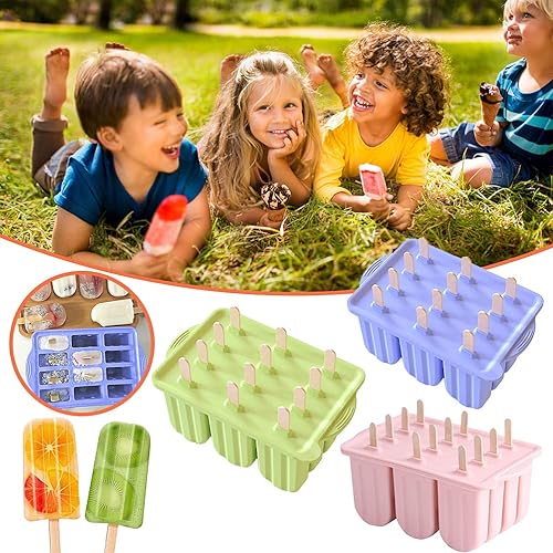 Miniatura 6 de Moldes para paletas de hielo, reutilizables de 12 cavidades, helado de silicona con tapas y 50 palos de madera, suministros de cocina, para paletas,
