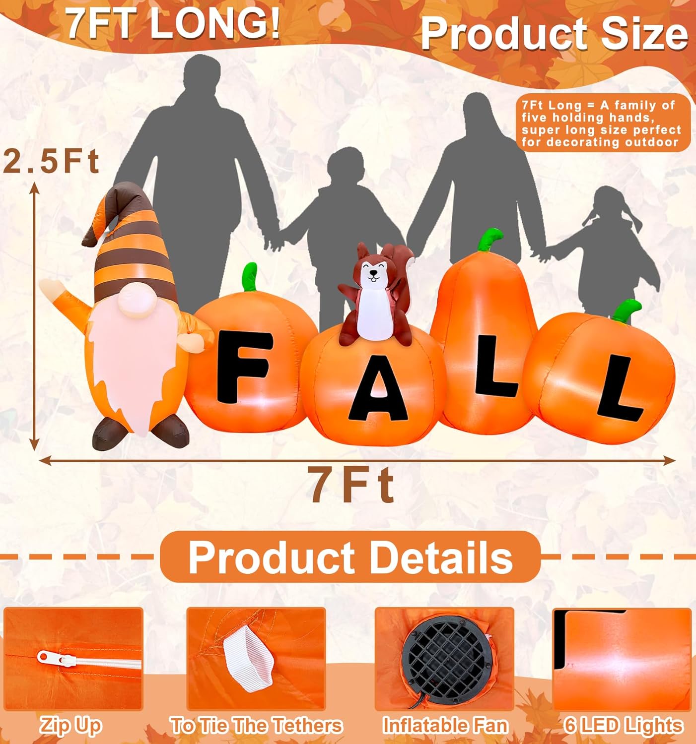 TURNMEON 7FT Long Fall Thanksgiving Inflatables Pumpkin Outdoor Decorations, Blow Up Fall Harvest Pumpkin with Gnome Squirrel Built-in LED Autumn Harvest Thanksgiving Decor Yard Garden Lawn Party
