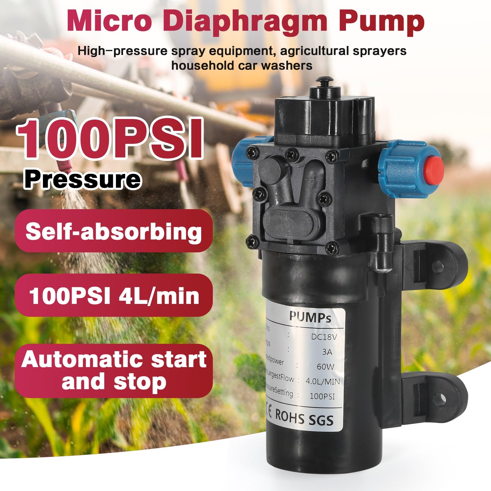 DEWIN Pompe à eau pompe à diaphragme 18 V 60 W micro pompe avec interrupteur automatique 4 L/min pulvérisateur haute pression pour lavage de voiture