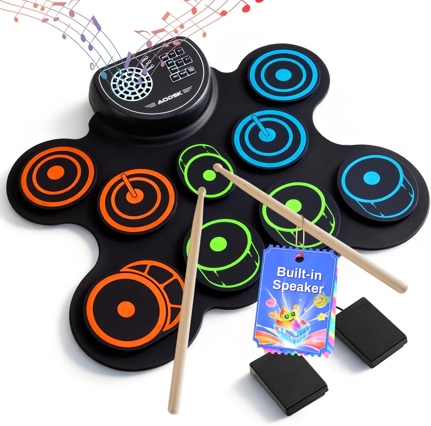 AODSK Electric Drum Set Built-in Speaker, Kids Drum Pad and Sticks, Portable Roll Up Drums Practice Pad for Kids, Great Holiday gifts for Girls Boys