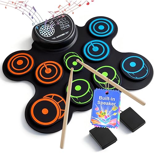 AODSK Electric Drum Set Built-in Speaker, Kids Drum Pad and Sticks, Portable Roll Up Drums Practice Pad for Kids, Great Holiday gifts for Girls Boys