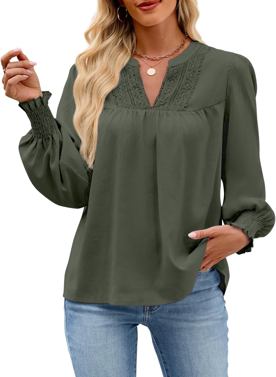 HEYTALALA Women's Puff Long Sleeve Shirts 2025 Fall Tops V Neck Casual Boho Work Blouses Dressy T Shirts - Image 2