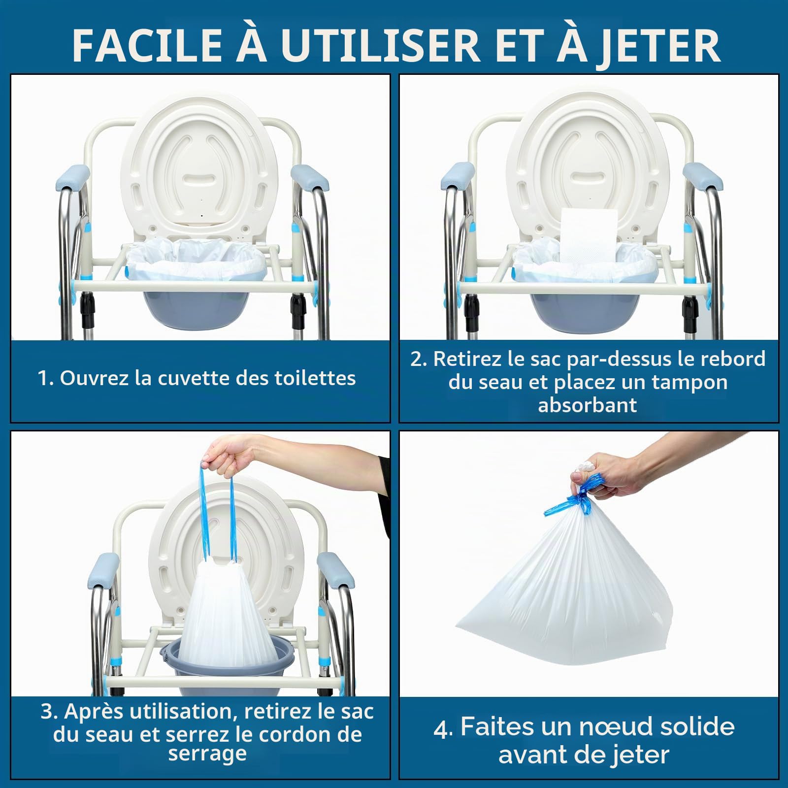 Doublures de chaise percée avec coussinets absorbants | 100 sacs + 100 coussinets pour chaise de chevet et toilettes | Ajustement universel