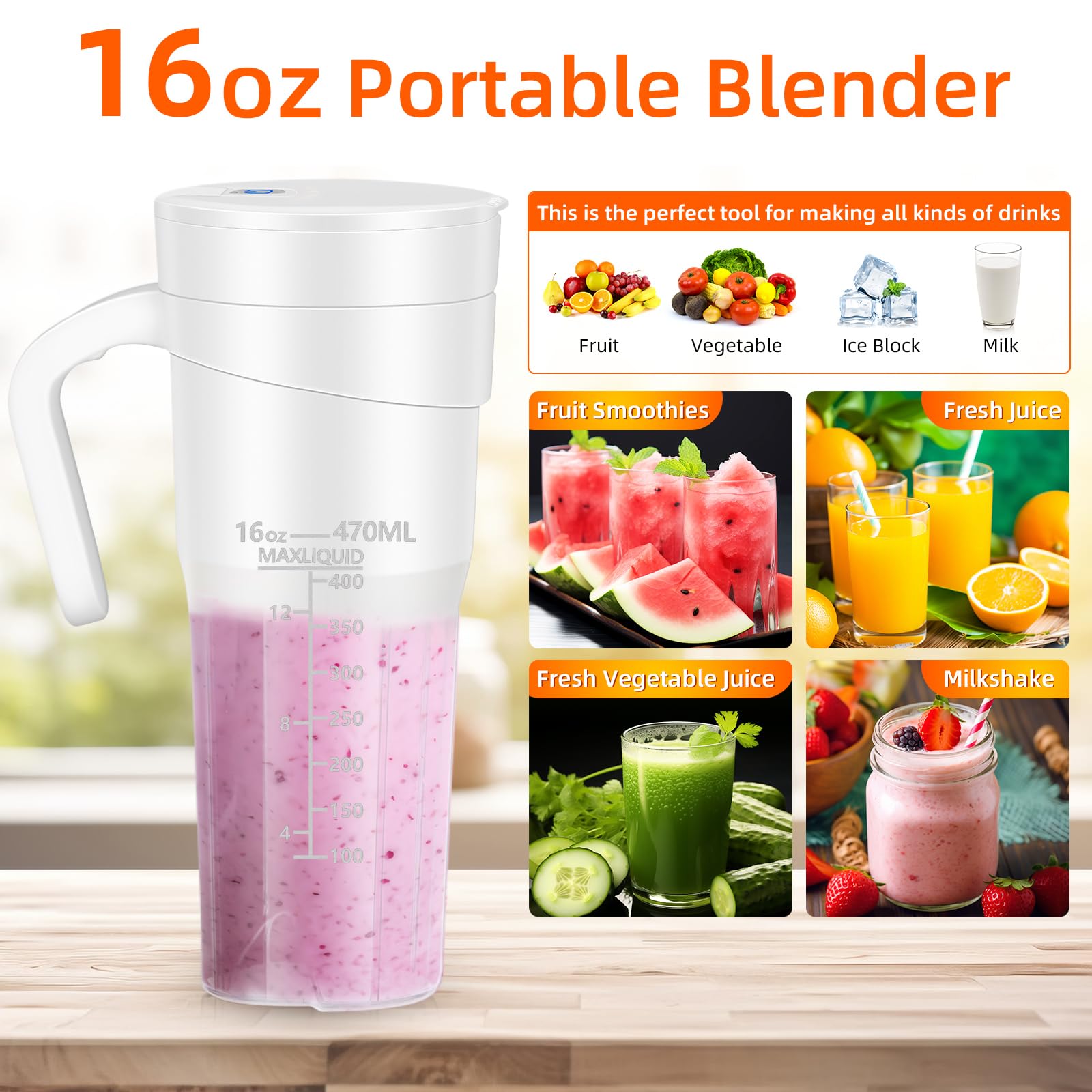 Portable Blender for Shakes and Smoothies: Travel Blender,16 Oz Mini Blender with 6 Blades,USB Rechargeable,for Making Fresh Juice, Convenient for Travel and Sports