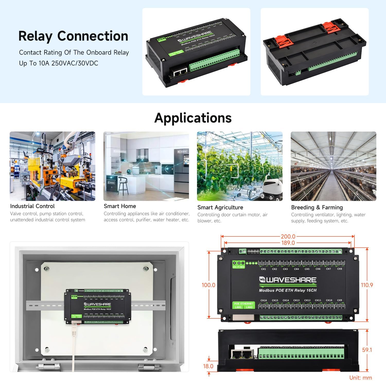 Waveshare 16-Ch Ethernet Module, Modbus RTU/TCP, Ethernet Communication, Support PoE, Various Isolation & Protection Circuits, Industrial Rail-Mount