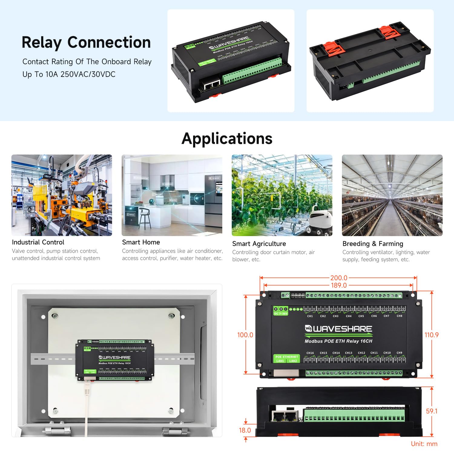 Waveshare 16-Ch Ethernet Relay Module, Modbus RTU/Modbus TCP Protocol, Ethernet Communication, Support PoE, Various Isolation & Protection Circuits, Industrial Grade Rail-Mount Case
