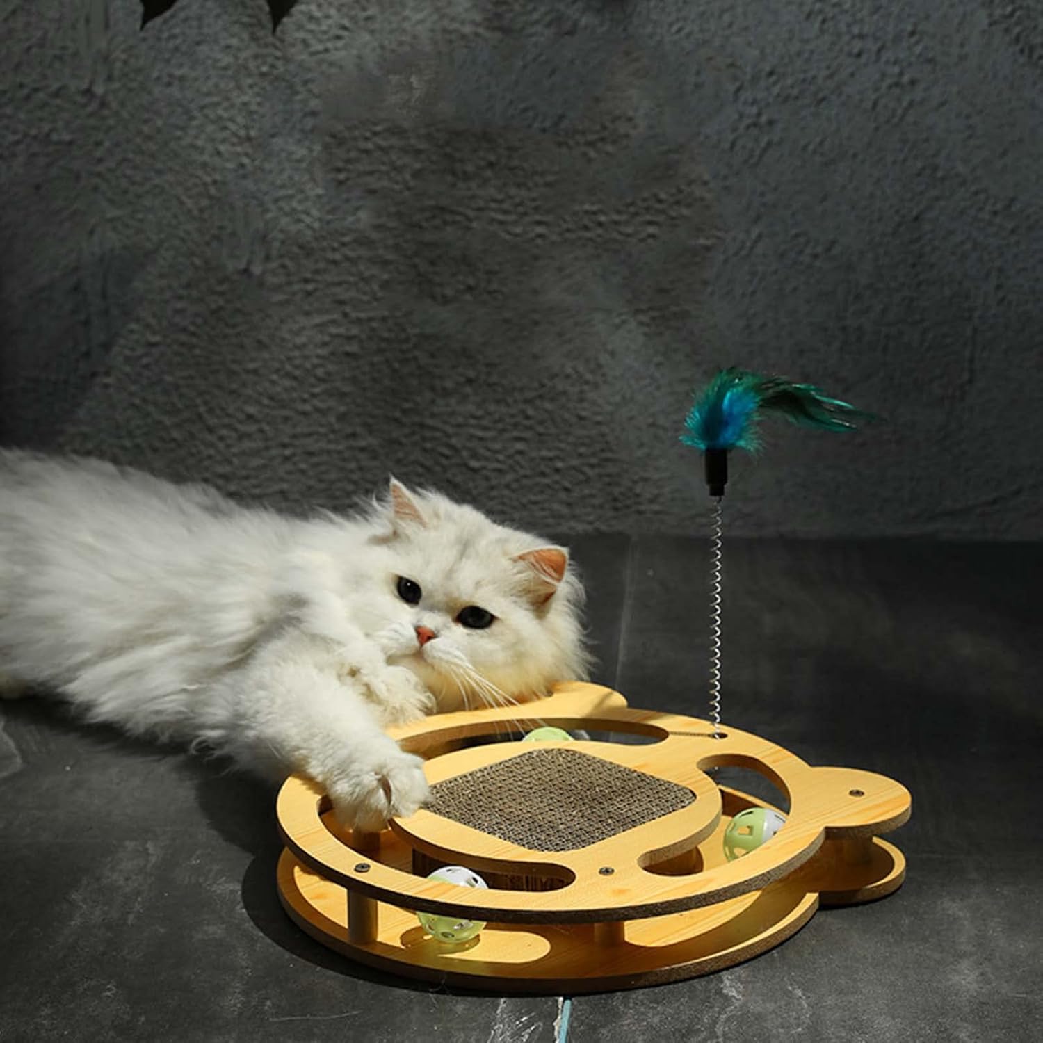 Restokki Interactive 3 in 1 Cat Turntable Toy - Scratching, Play, and Fun with Wand and Ball
