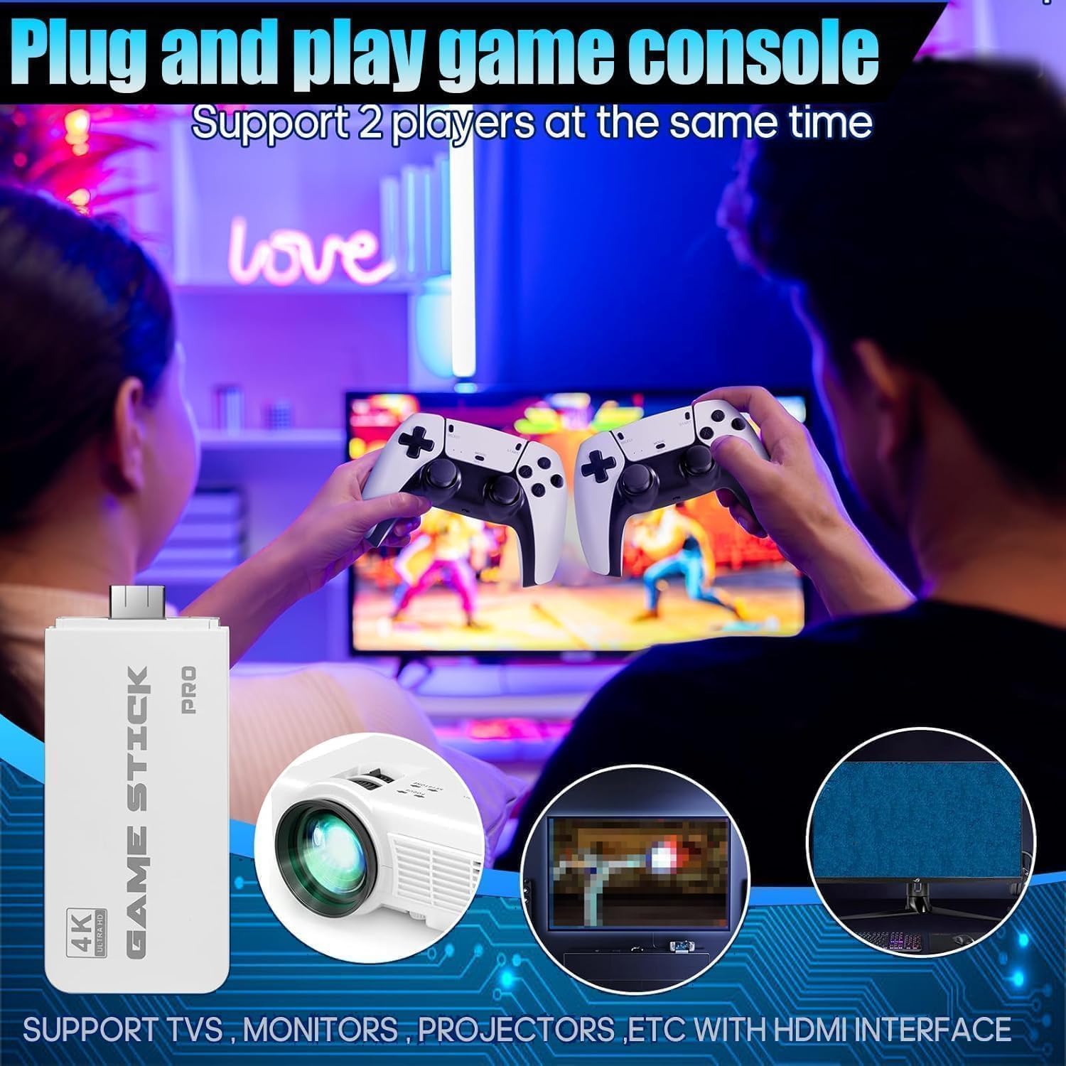 2025 Retro Game Console Stick with 20,000+ Games, 23 Emulators, 4K HDMI Output, Plug & Play TV Video Game System with TF Card & 2 Wide-Grip 2.4GHz Wireless Controllers (45G) — view 2