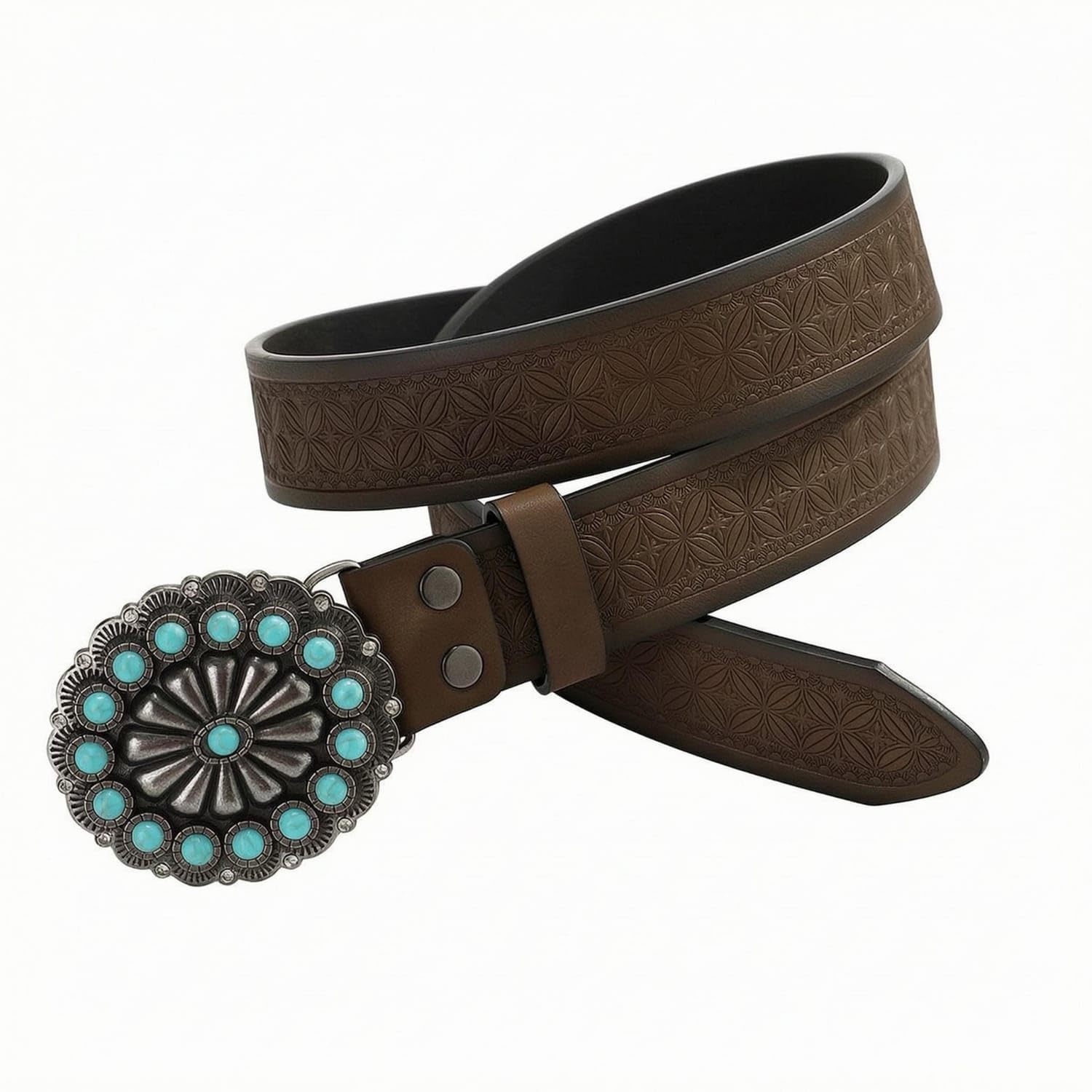 Turquoise Stones Floral Concho Belt Embossed Concho Belt Silver-Tone, L-image-21