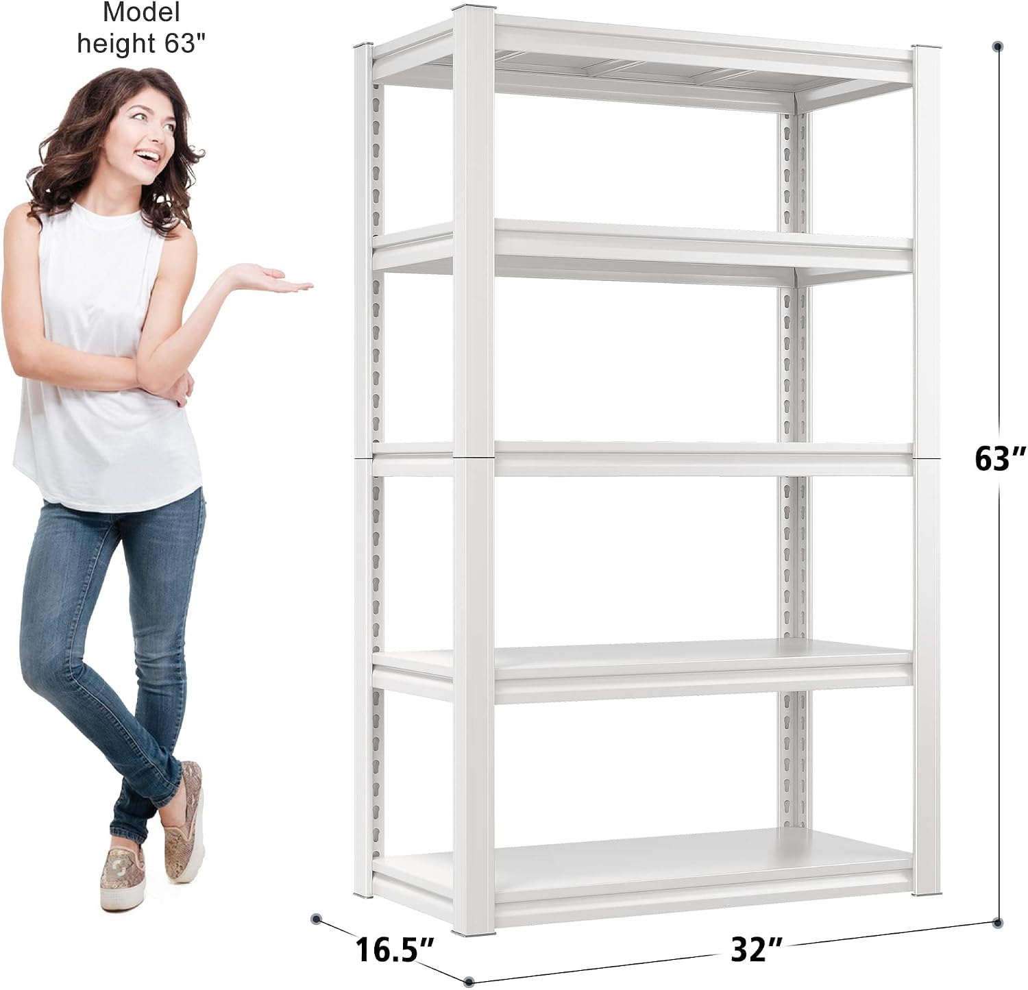 Raybee 5-Tier Shelving Unit with dimensions and a person for scale, showing its size and capacity.