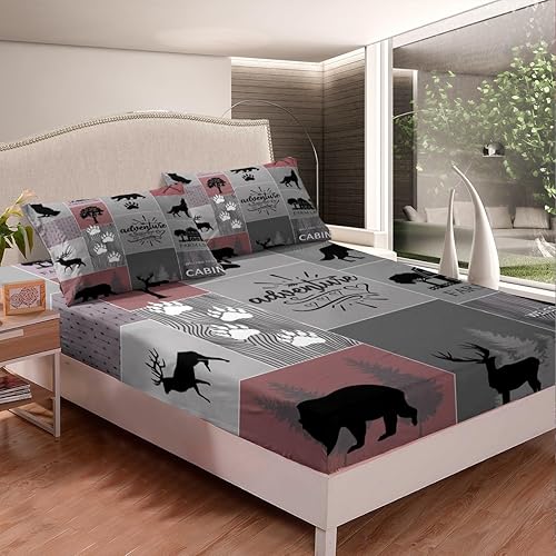 Miniatura 2 de Manfei Sábana bajera ajustable de aventura, tamaño matrimonial, funda de cama de retazos con 2 fundas de almohada, juego de ropa de cama rústica de