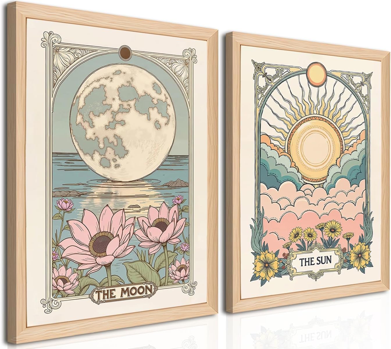 Sun and Moon Celestial Wall Art Set of 2, Vintage Tarot Wall Decor Painting, Eclectic Astrology Poster Canvas Prints Picture for Bedroom Living Room 12x16 inch Wood Framed