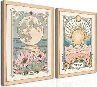 Sun and Moon Celestial Wall Art Set of 2, Vintage Tarot Wall Decor Painting, Eclectic Astrology Poster Canvas Prints Picture for Bedroom Living Room 16x24 inch Wood Framed