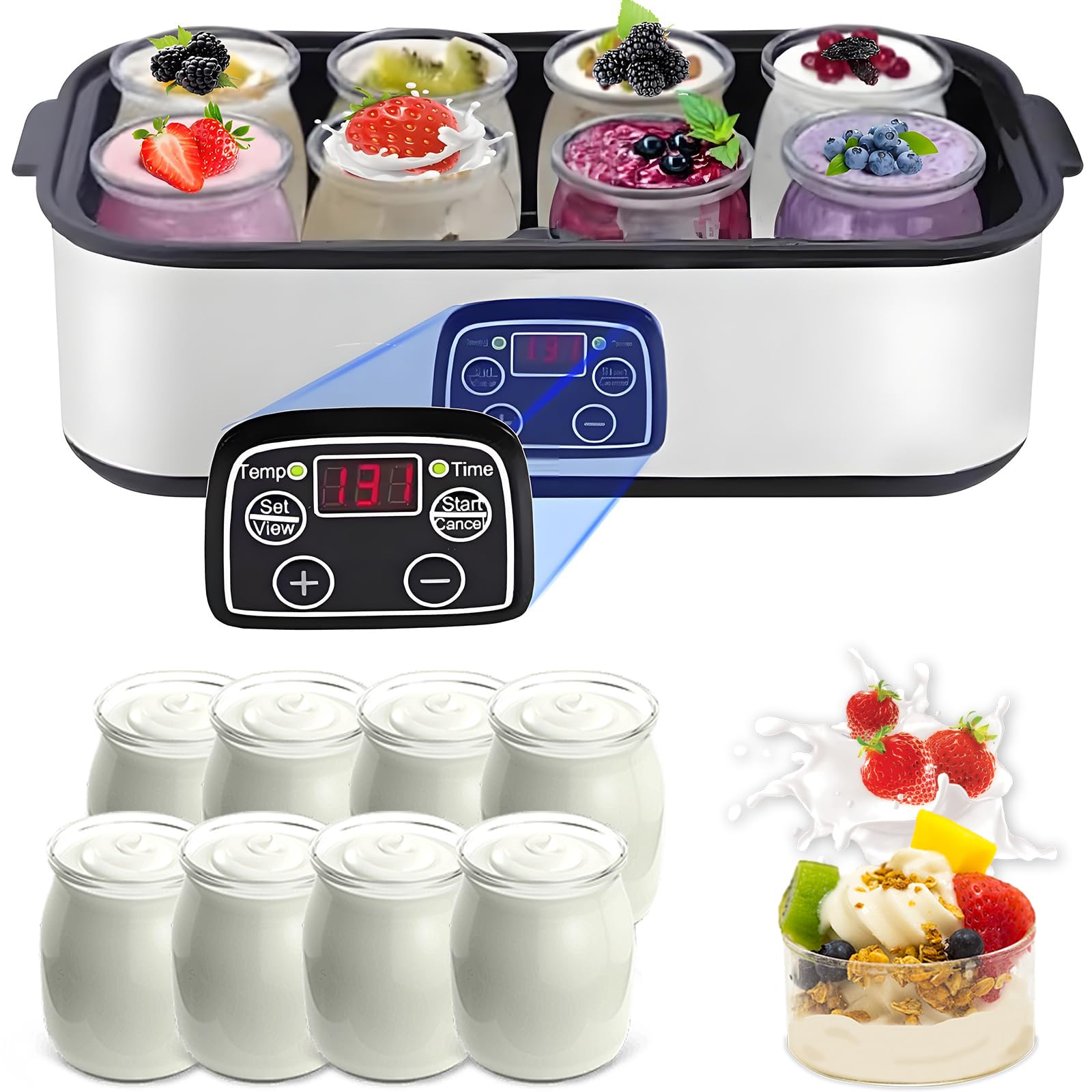 Yaourtière Automatique avec Écran LCD, Fermenteur 1400ML avec 8 × 180ML Pots en Verre, Contrôle de Température & Minuterie 0-48H, pour Yaourt & Fromage Maison