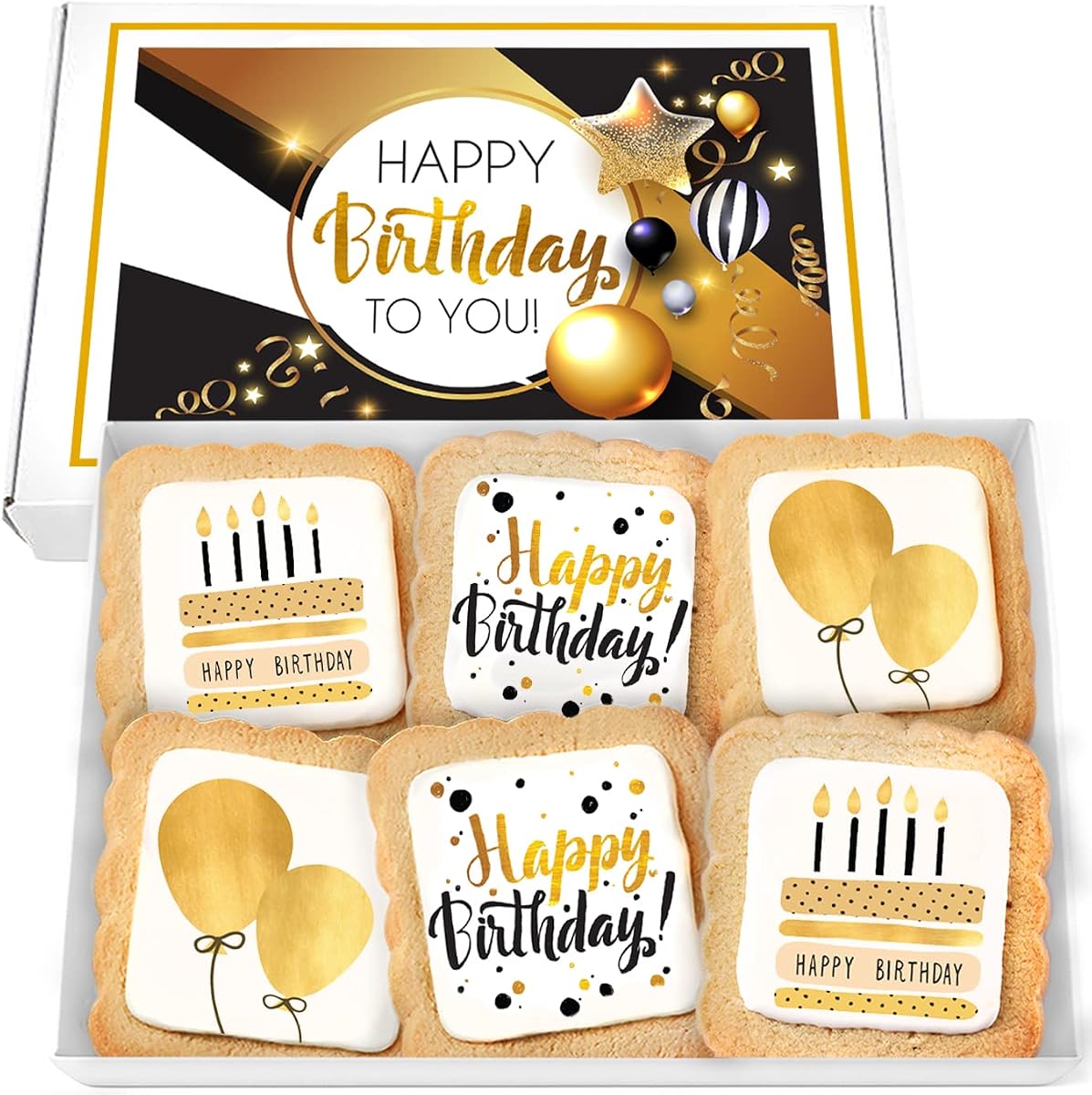 Paquete de 6 galletas de feliz cumpleaños, cesta de regalo dorada para hombres, mujeres y niños | Caja de regalo de galletas de azúcar decorada gourmet | Envuelto individualmente sin nueces