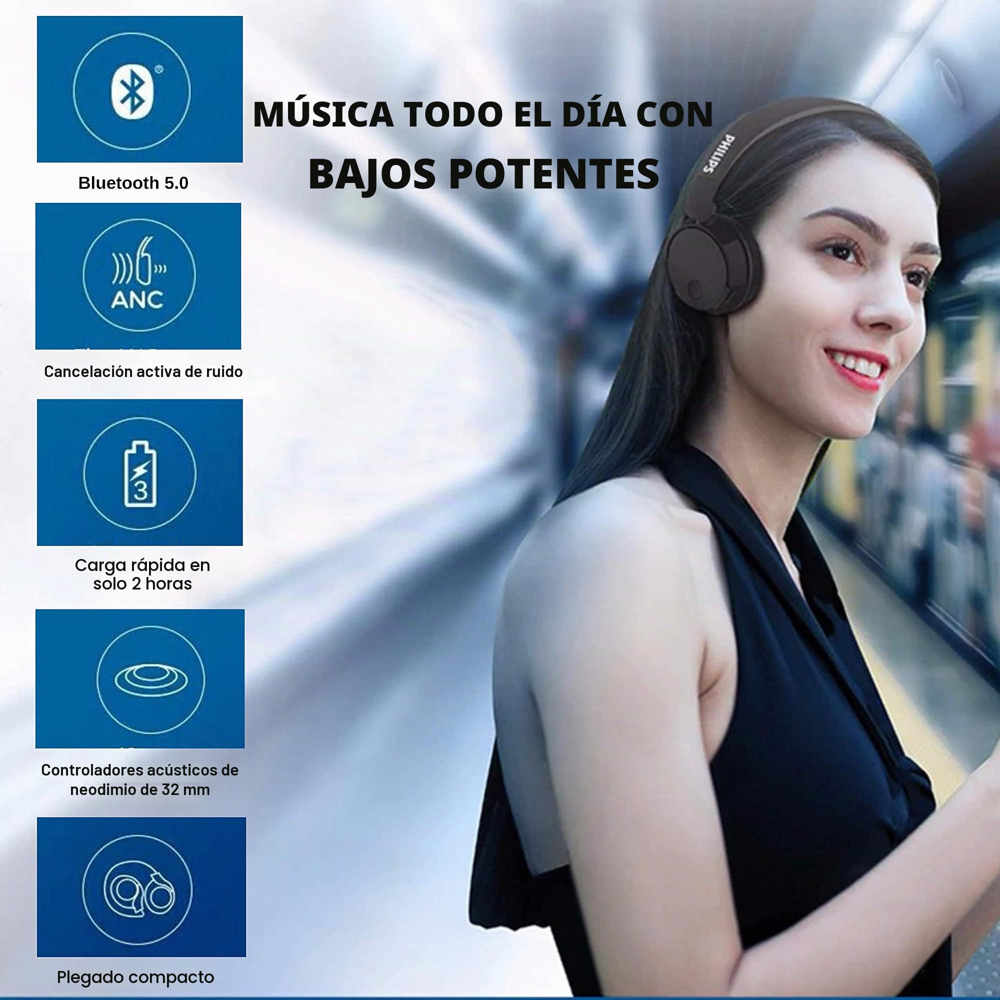 PHILIPS BH305BK/00 - Auriculares supraaurales on-Ear (Bluetooth, Bajos voluminosos, cancelación de Ruido, Plegables), Color Negro