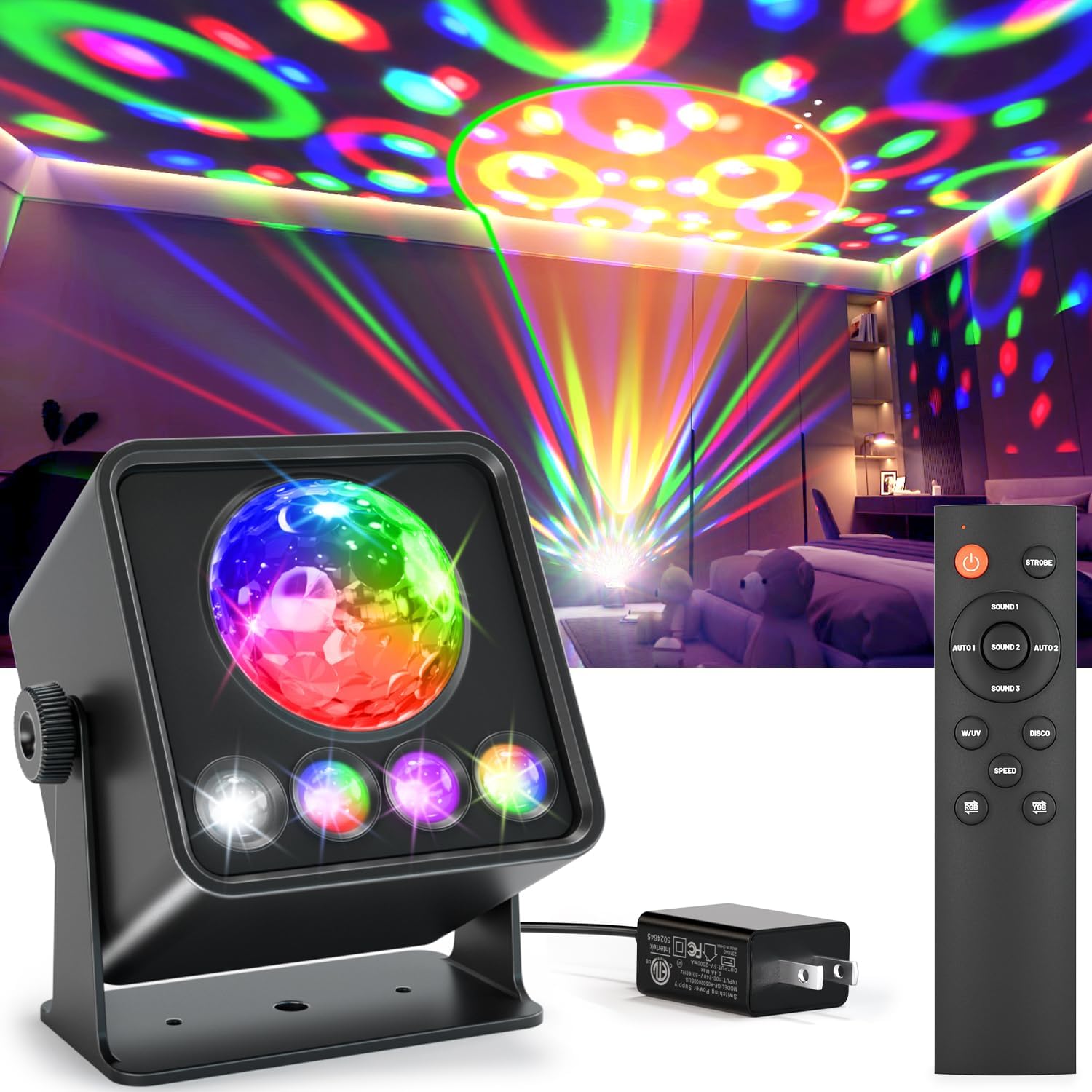 Disco Ball Party Lights Disco Light Sunset Lamp Projector with RGB+UV+White+YGB – Sound Activated LED DJ Strobe Stage Light for Home Parties/Christmas/Halloween/Birthday/Wedding/Wall/Decor