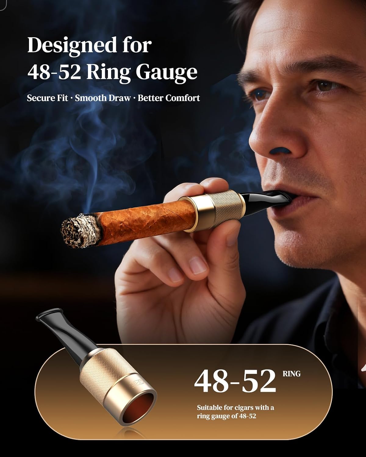Cigar Mouthpiece for 48–52 Ring Gauge (Robusto Size), Premium Reusable Cigar Tip Holder, Smooth Draw & Reduced Debris, Heat-Resistant, Cigar Accessories Gift Set for Men