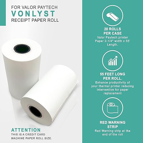 Miniatura 4 de Vonlyst Rollo de papel de recibo para máquina de tarjetas de crédito Valor Paytech VL 110 y VL 500 (20 rollos)