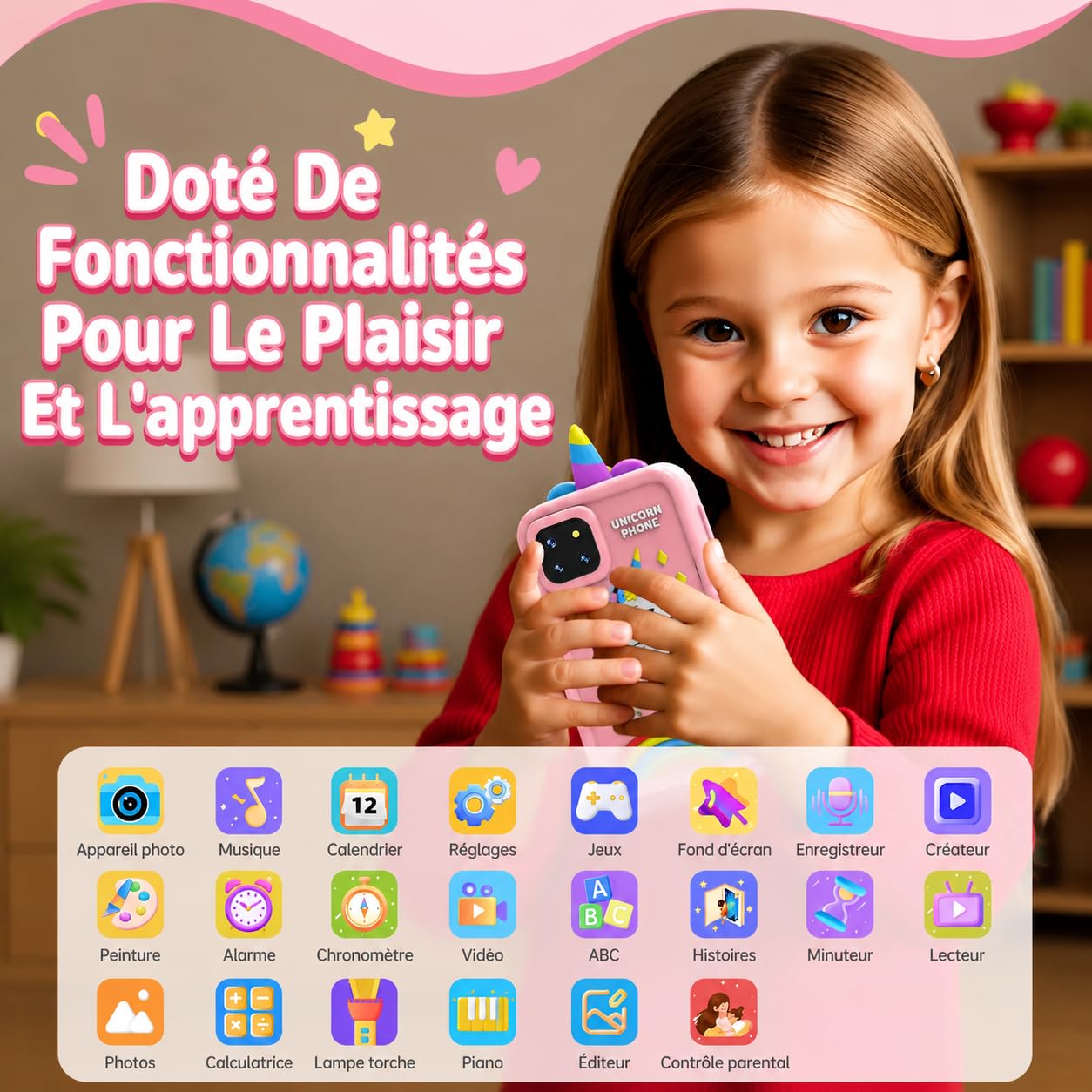 Telefono portatile per bambini – Smartphone giocattolo per bambini – fotocamera per bambini – regalo 3 – 9 anni – 20 giochi educativo-libro audio-musica MP3 in francese-bambino con programma