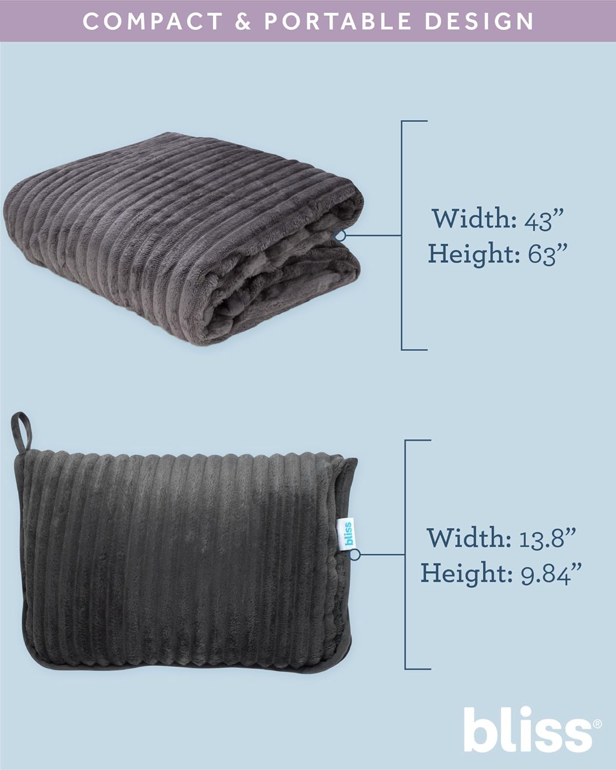 Bliss Faille Travel Pillow Blanket - 2-in-1 Lightweight Compact Airplane Camp Pillow and Blanket Set for Travelling, Size Large, Dark Grey