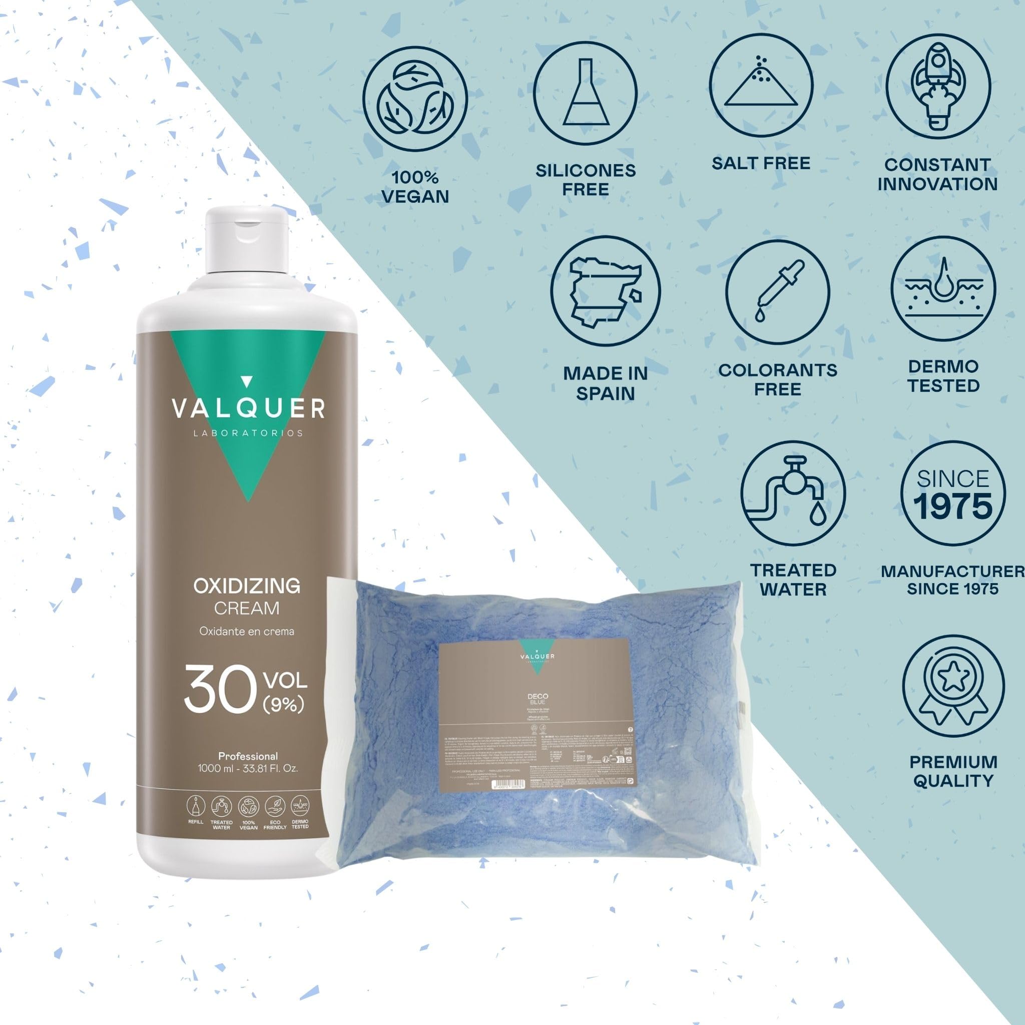 VALQUER Pack Decolorante de Pelo Profesional Permanente | Polvos Deco Blue 500 g y Agua Oxigenada 30 Vol 9% 1 L | Alta Aclaración del Pelo hasta 6 Tonos con Proteínas de Trigo | Vegano