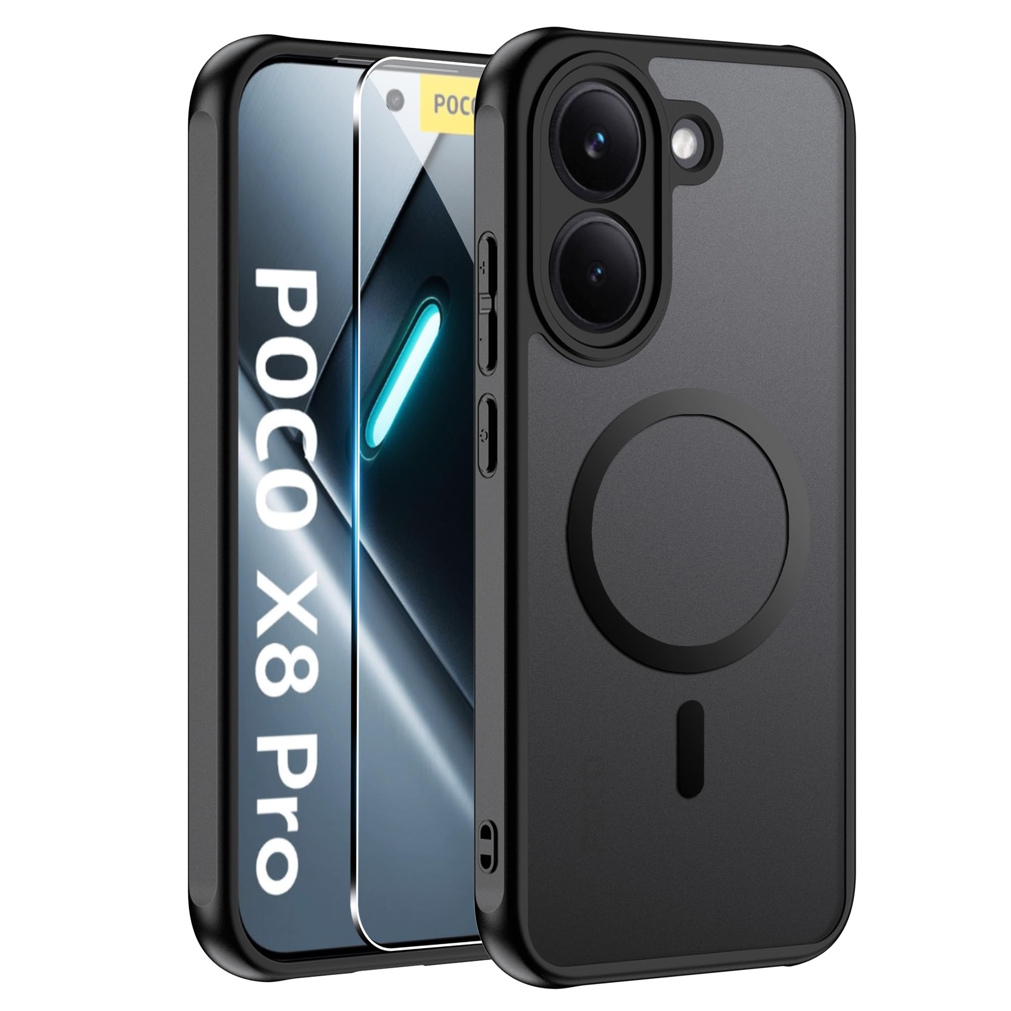 Magnetic Case for Xiaomi Poco X8 Pro, PC Back and TPU Frame Case | with 1 piece tempered glass, translucent back