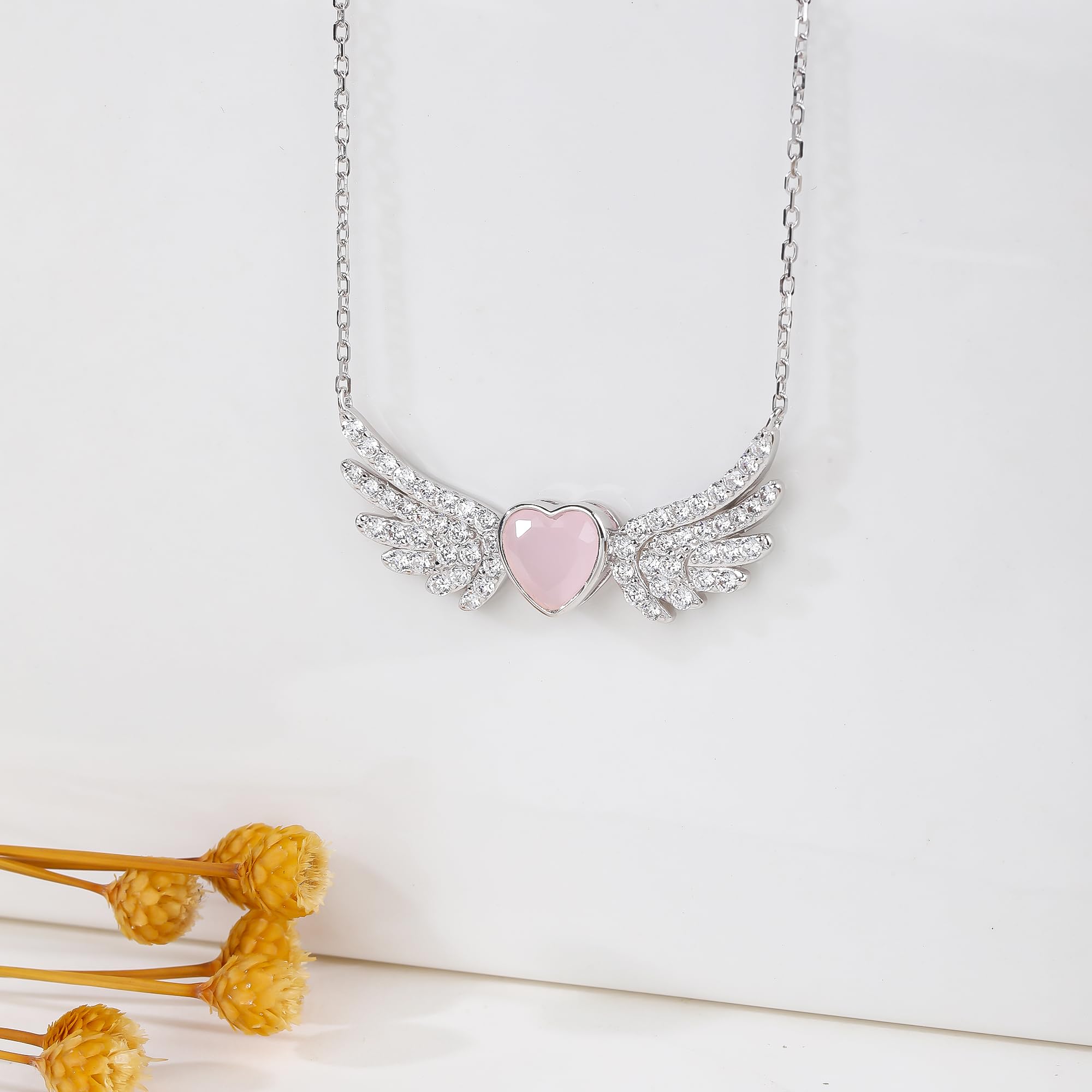Angel Wings Necklace with Rose Quartz & Zirconia, 925 Sterling Silver Pendant for Women, Guardian Angel Jewelry Gift, Winged Design with Gemstone, Elegant Necklace for Girls & Ladies