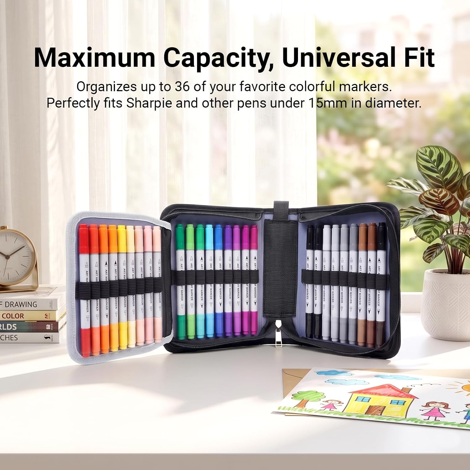 Portable Marker Organizer Case Compatible with Sharpie, 36 Slots, Black