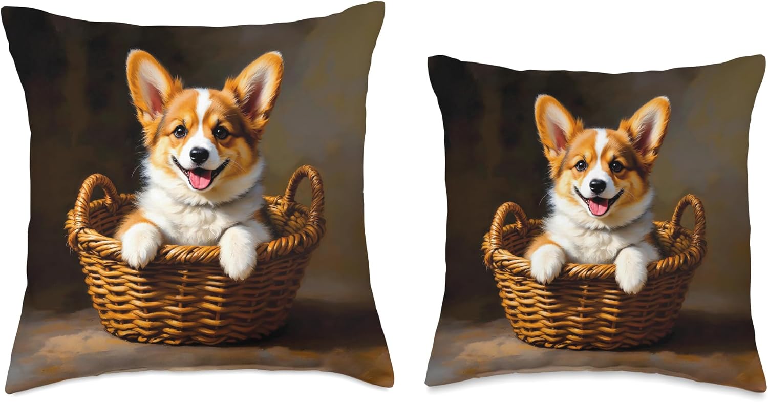 Corgi Puppy In Woven Basket Throw Pillow