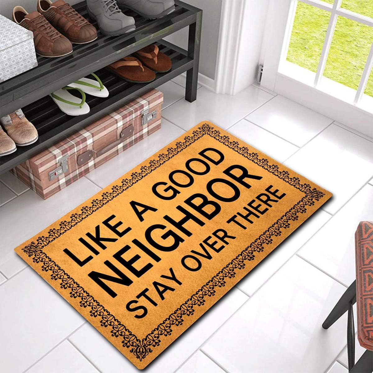 GXFC Welcome Mat with Rubber Back - Like A Good Neighbor, Stay Over There - Funny Doormat for Entrance Way - Monogram Mats for Front Door - No Slip Kitchen Rug - 30"L x 18"W