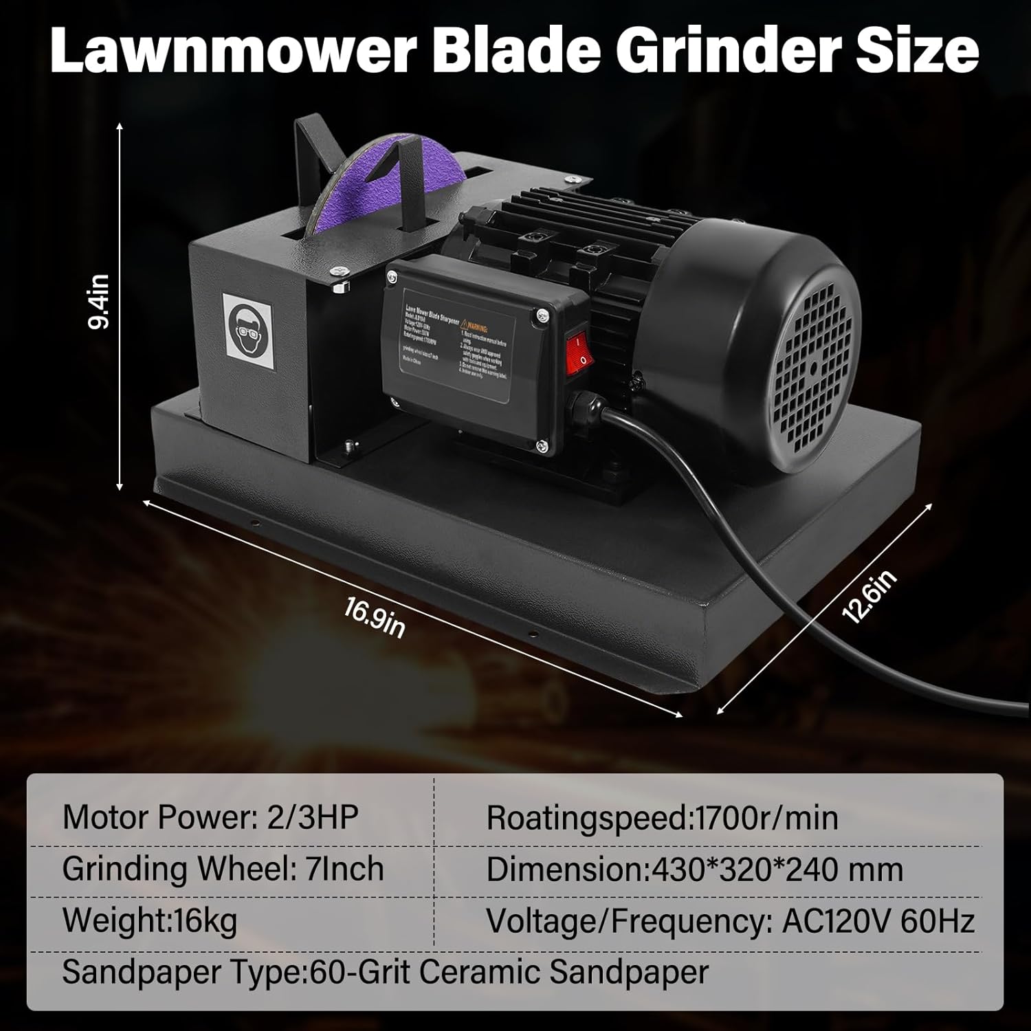 500W Lawn Mower Blade Sharpener, 2/3HP Electric Grinder with 7in Zirconium Corundum Wheel, 1700RPM for High-Lift, Low-Lift, Gator Blades