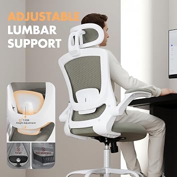 COLAMY Ergonomic Office Chair with Lumbar Support, Mesh Desk Chair with Adjustable Headrest, Computer Chair with Flip-up Armrest, Adjustable Seat Height and Tilt Function for Home Office Study, Khaki