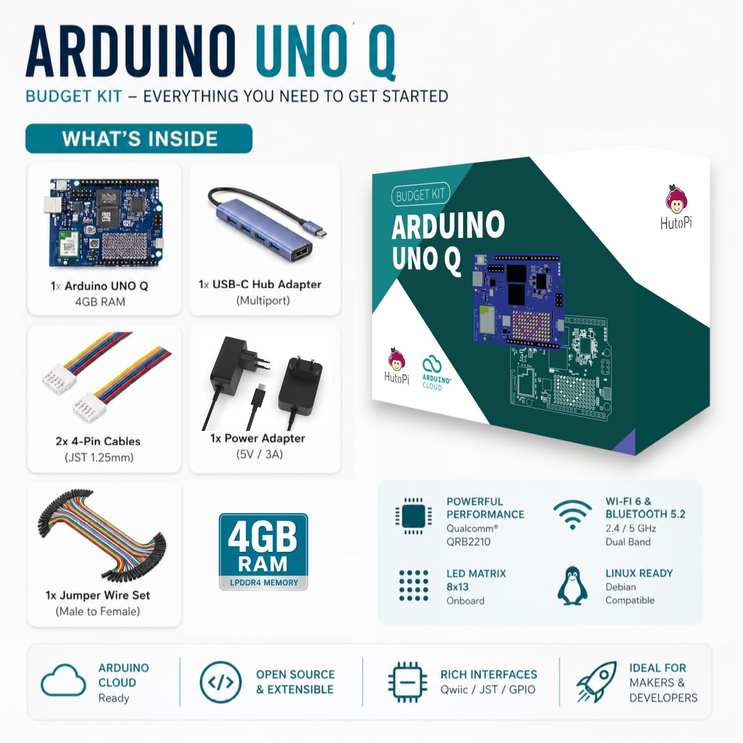 Hutopi Starter Kit AI & Embedded – compatibile con Arduino, 4 GB RAM, 32 GB eMMC, Hub USB-C, alimentatore, cavi jumper e accessori