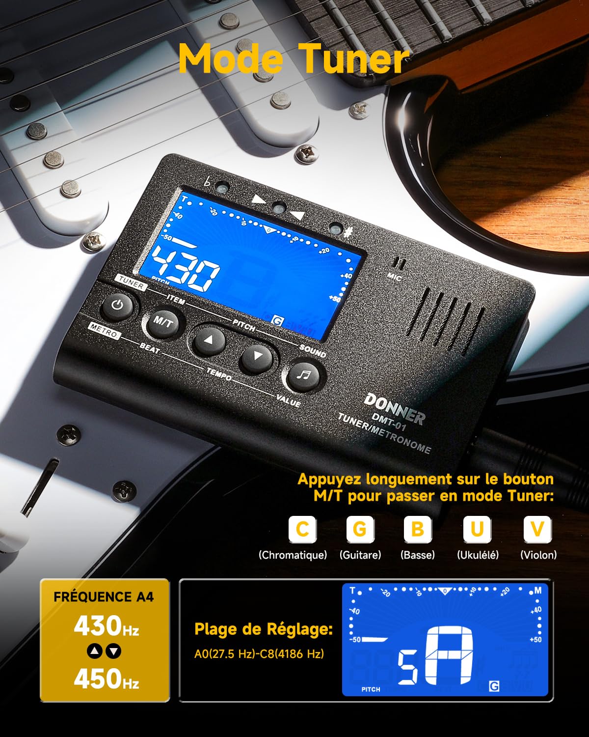 Donner 3 en 1 Accordeur de Guitare Métronome electronique et Générateur de Son avec écran LCD pour Instruments Chromatiques, Guitare, Basse, Ukulélé, Violon, Piano, trompette (DMT-01)