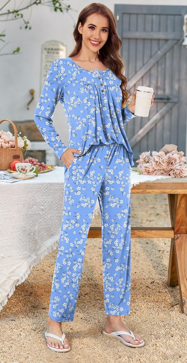 Bestbee Womens Pajama Set Plus Size, 2 Piece Lounge Outfits Pleated Sleepwear Sets Long Sleeve Long Pants With Pockets Ladies Pjs, 5XL, Blue-white Fl - Image 3