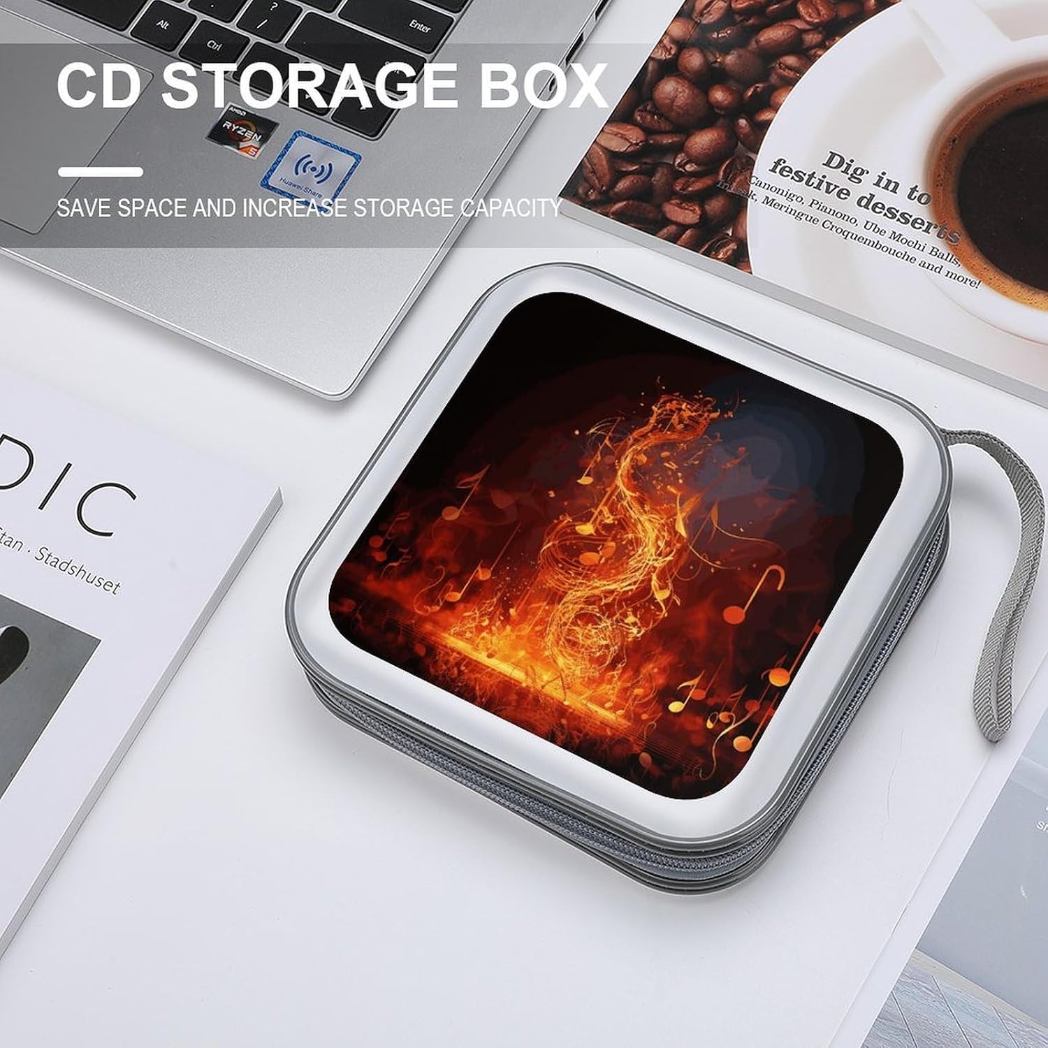 Red Flame Music Note CD Case Wallet 40 Capacity, Durable Waterproof Plastic CD/DVD Storage Case with Handle & Zip Closure, Portable DVD Disc Cases for Car, Office, Travel image 3