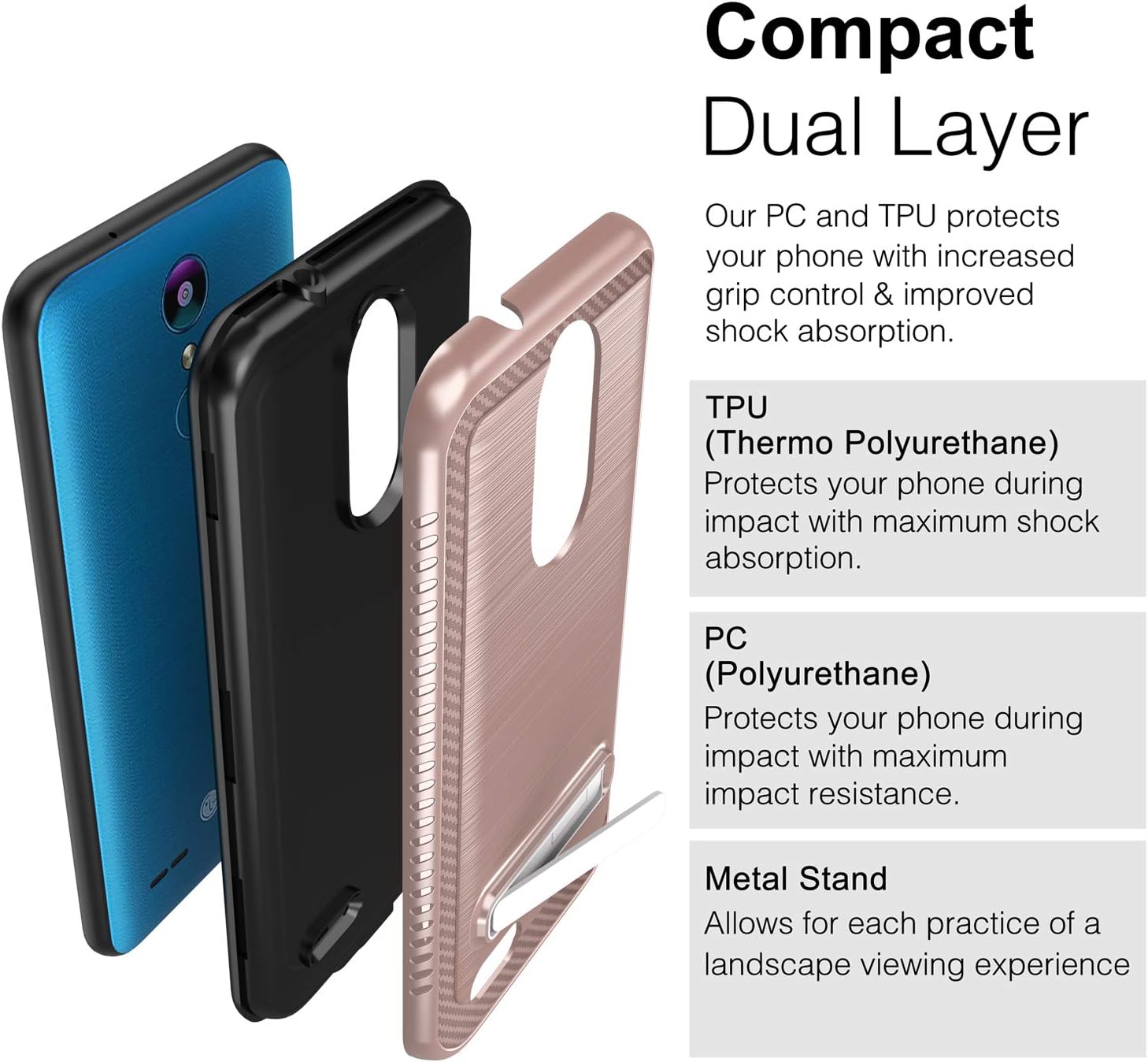 Androgate for LG Rebel 4 LTE Phone case, Aristo 3/ Phoenix 4/ Aristo 2/ Aristo 2 Plus/Tribute Dynasty/Fortune 2/ K8 2018/ Zone 4 Case, Shockproof Protective Cover Case with Kickstand, Rose Gold