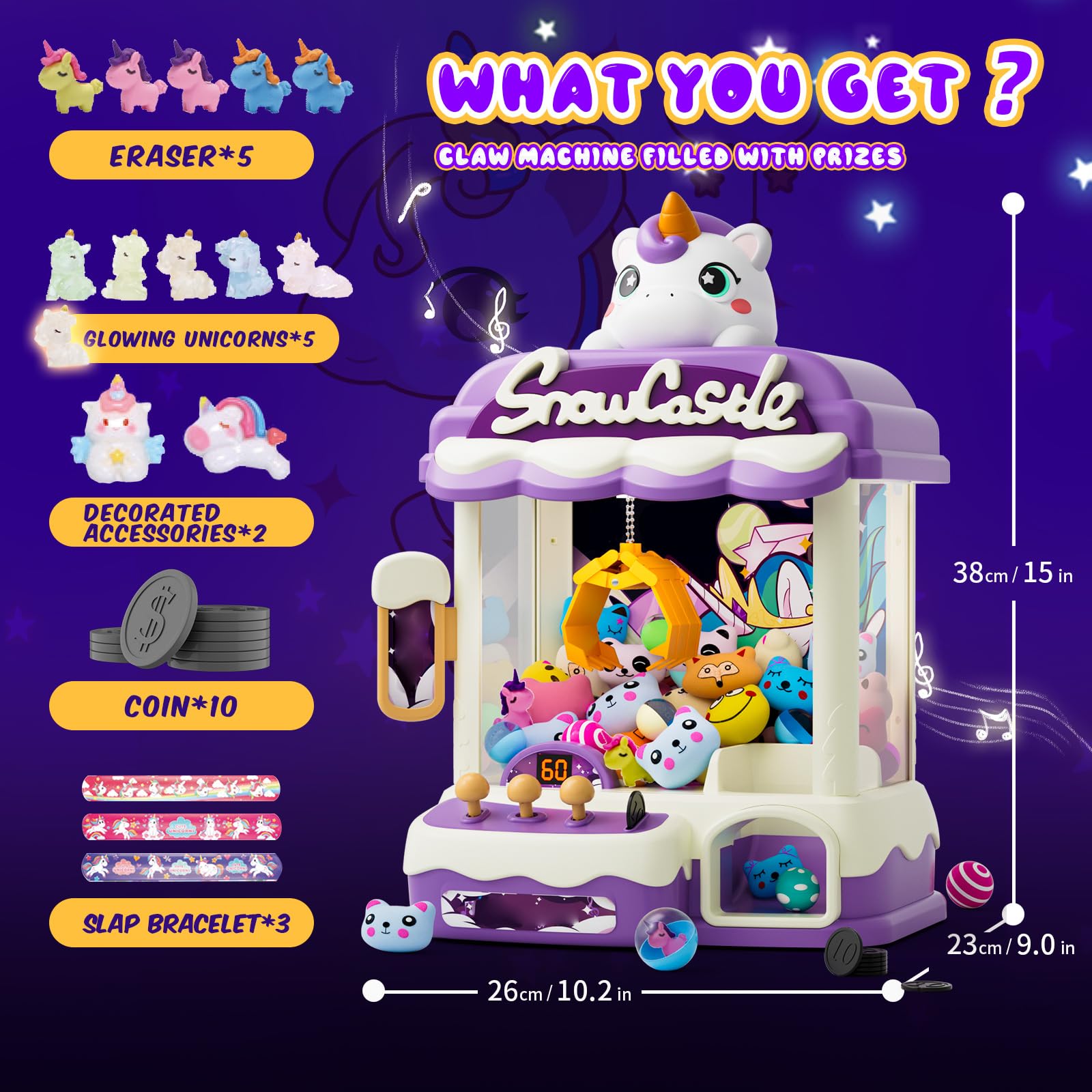 Skirfy Máquina de garras para niños, juguetes de unicornios para niñas a partir de 6 años, dispensador de caramelos, mini venta de juegos de arcade con pulsera de palmadas, regalos de cumpleaños de