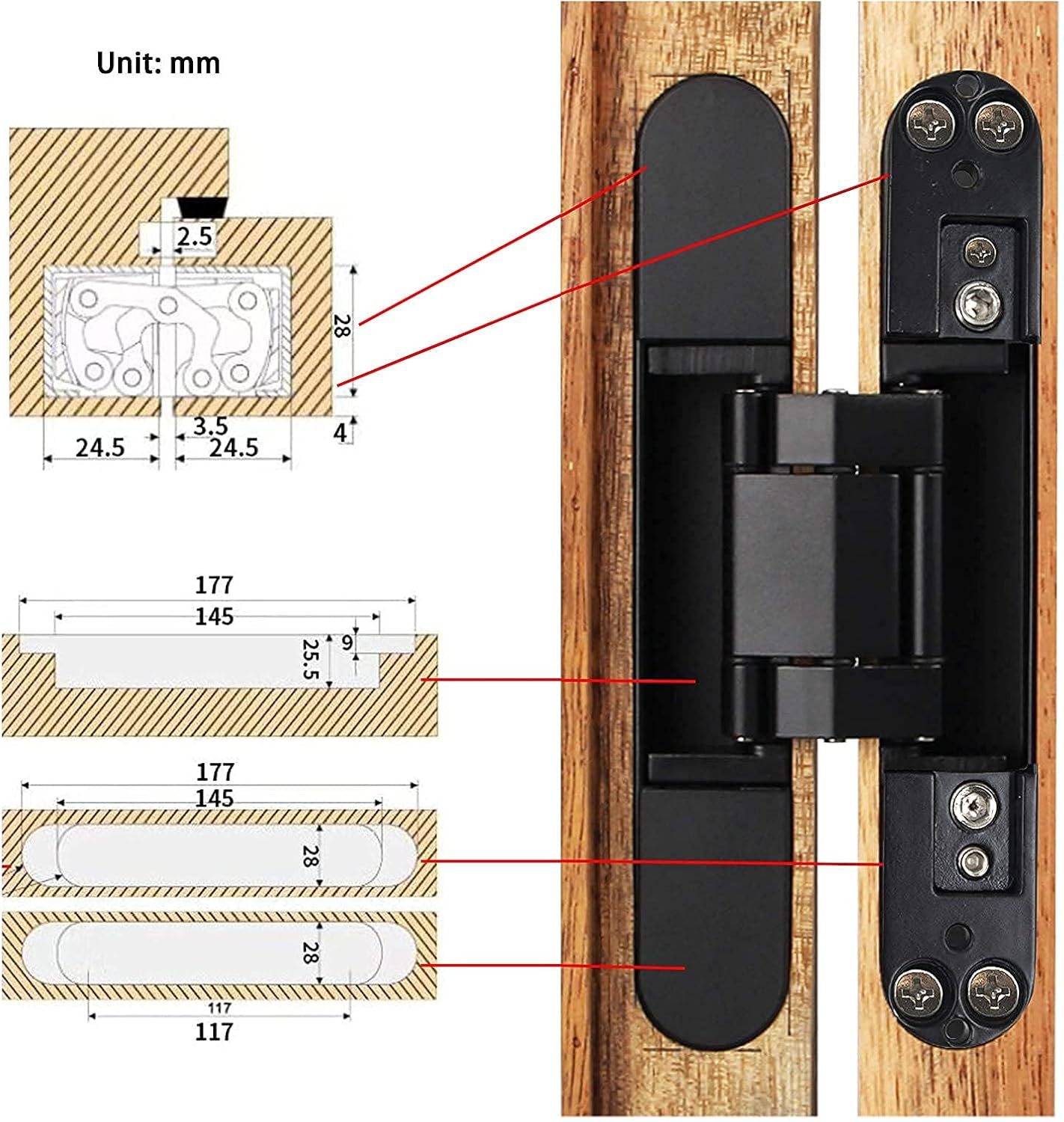 2 Set 6 Inch Hidden Door Hinges Zinc Alloy Heavy Duty Invisible Hinge 180 Degree Swing Concealed Hinge 3 Way Adjustable Butt Hinge 6 x 2.5 x 1 Inch Black (2 Hinges)