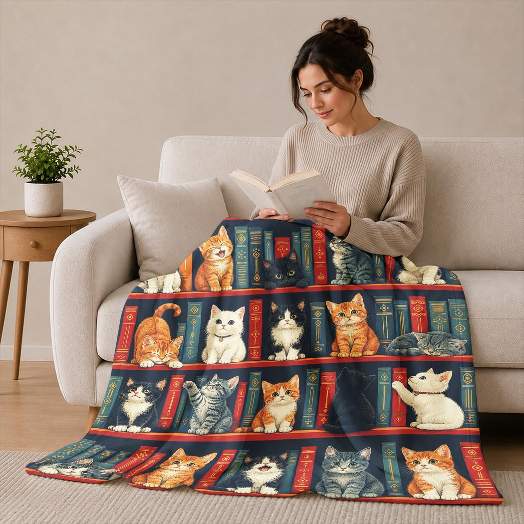 Zomer Morbida coperta in flanella, 150 x 200 cm, stile vintage, libreria, motivo gatti, morbida coperta da lettura, per amanti dei libri, per compleanno, Natale