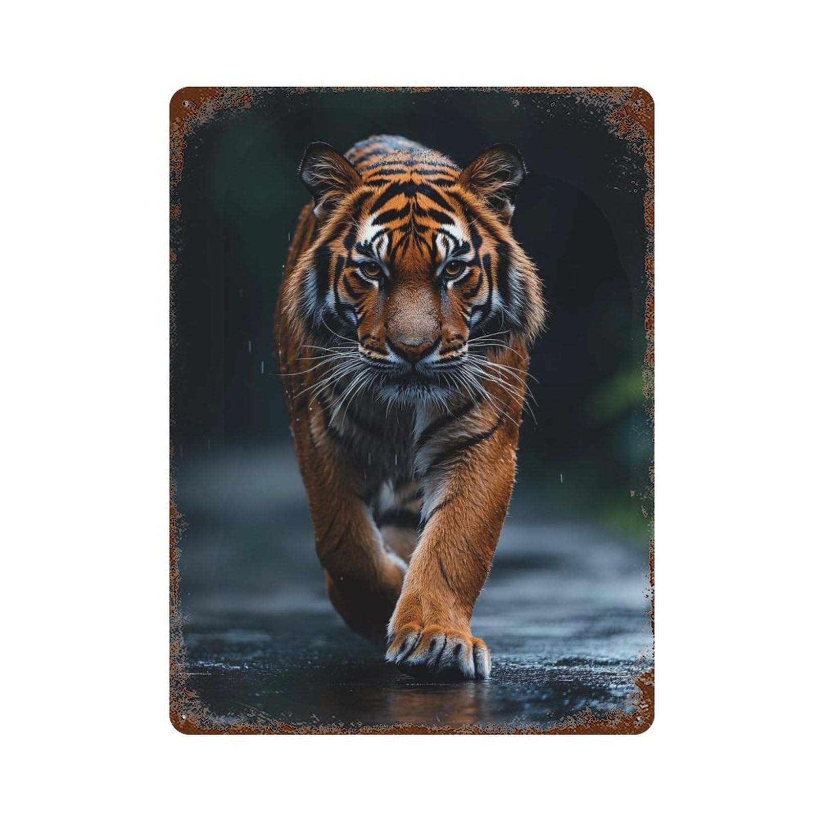 Decorative Tin Sign with Majestic Tiger Walking Forward Design 15.7"x11.8", for Basement, Hobby Room And Garage Decor, Farmhouse Wall Decor