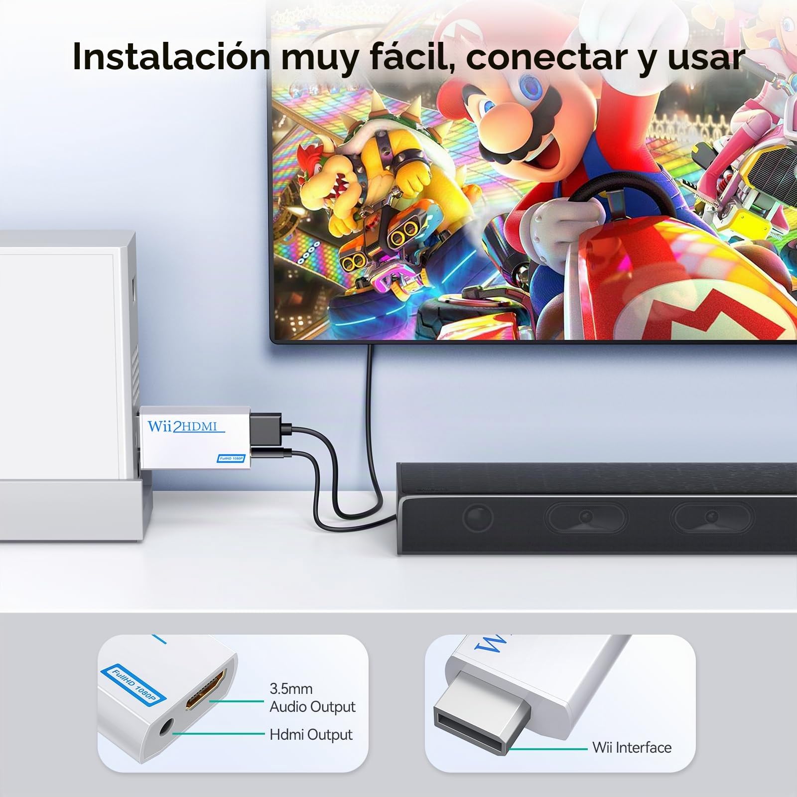 GANA Wii a HDMI Adaptador, Wii a HDMI convertidor Conector con Salida de vídeo de 1080p/720p y 3,5 mm Audio - Soporta Todos los Modos de visualización de Wii