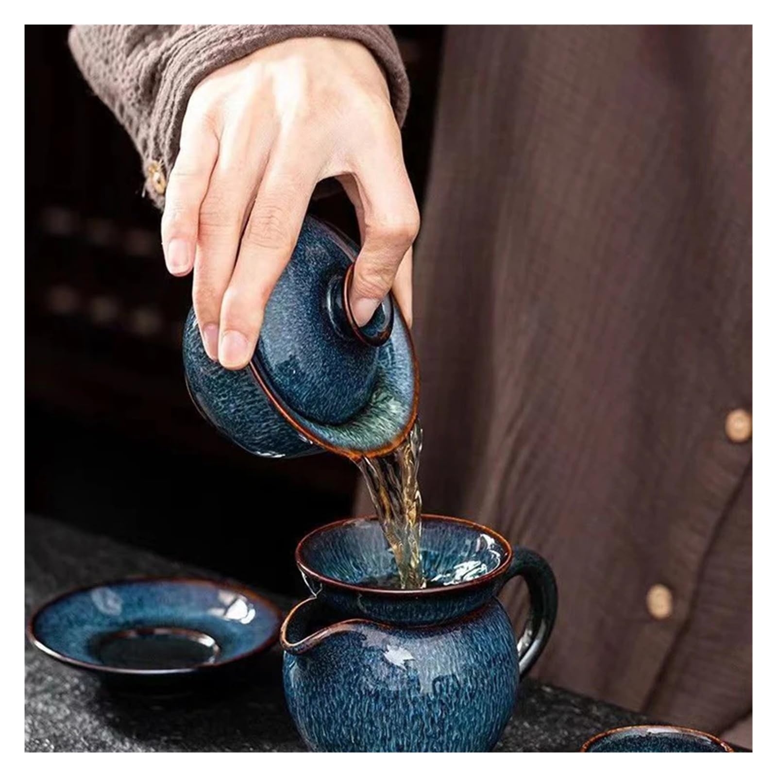 Blue Star Glaze Gaiwan, handgezeichnetes Lotus-Porzellan-Teeservice | Blaue Sternglasur, handgezeichneter Lotus, Porzellan-Gaiwan, Tee-Set, Deckelschale, Teezeremonie, Wohndekoration, Geschenk