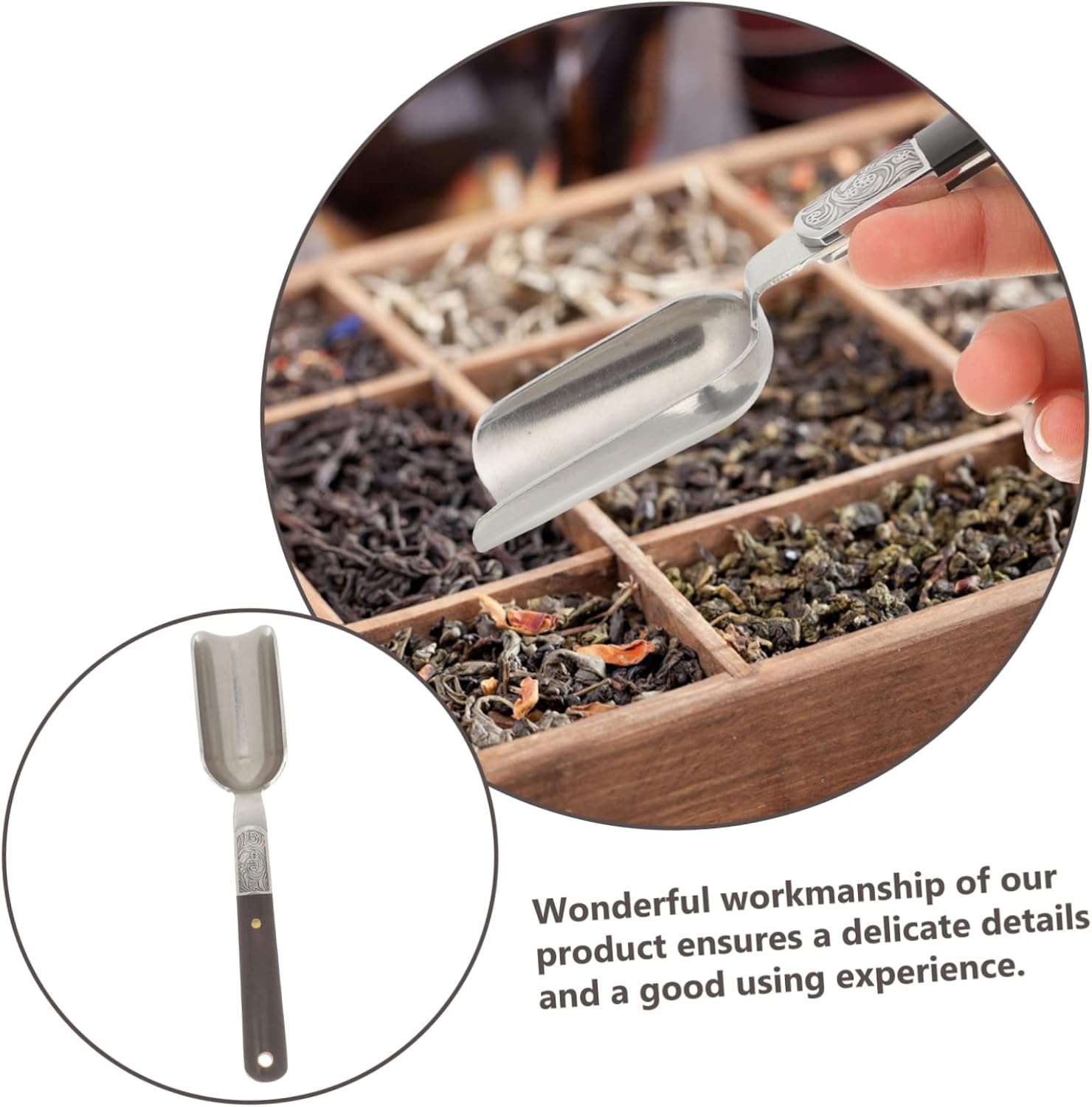 Vintage Tea Spoon with Wood Handle Traditional Chinese Tea Scoop for Kung Fu Tea Ceremony Accessories for Loose Leaf Tea and Beans Elegant Retro Design