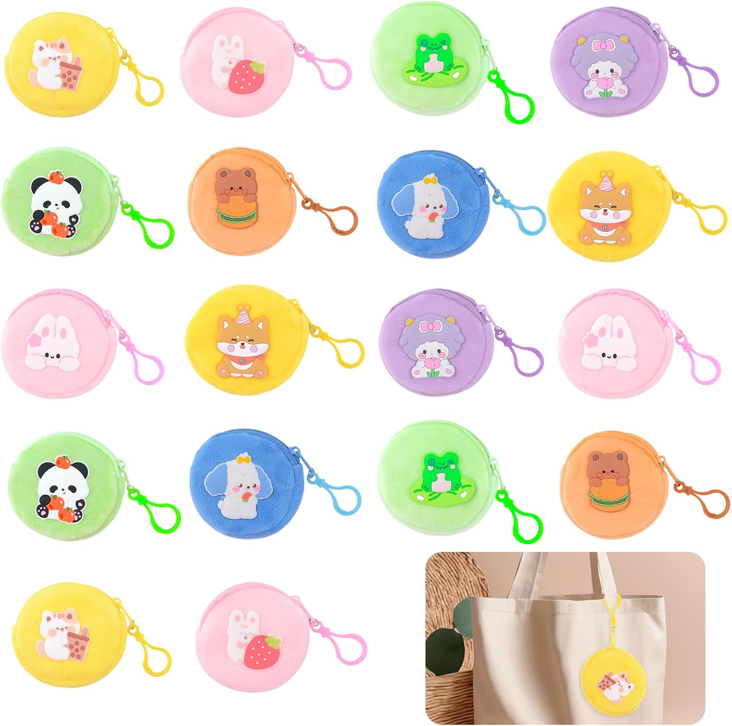 Plush Coin Pouch, 18 PCS Animal Coin Purse Kawaii Keychain Bulk Mini Wallet for Birthday School Carnival Rewards Party Favors